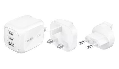 Belkin 70W GaN 3-Port Fast Wall Charger with Interchangeable Plugs – White