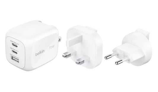 Belkin 70W GaN 3-Port Fast Wall Charger with Interchangeable Plugs – White