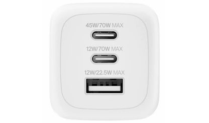 Belkin 70W GaN 3-Port Fast Wall Charger with Interchangeable Plugs – White