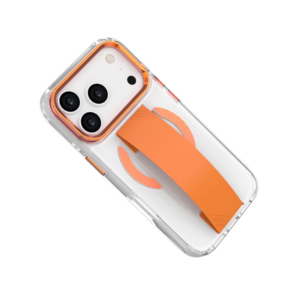Infinyty Grypsta Clear iPhone Case with Orange Grip and Metallic Camera Stand for iPhone 17 Pro