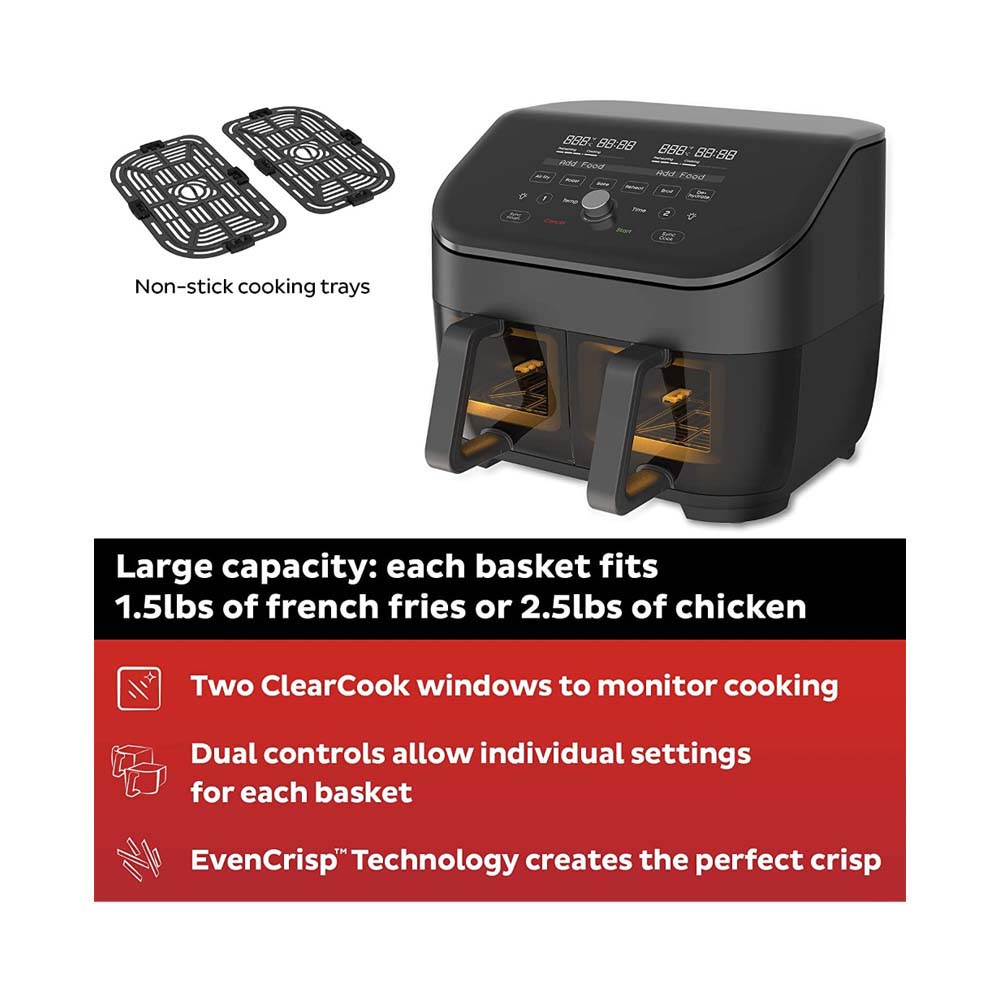 Instant Vortex Plus Dual Air Fryer 7.6L, Large Double Air Frying Drawers 8-in-1 Smart Programmes Air Fry, Bake, Roast, Grill, Dehydrate, Reheat - SyncCook & SyncFinish