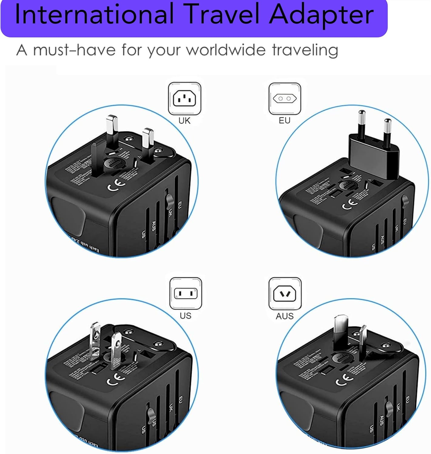 PROTECT  Travel Essential Universal Adapter, 6 A Ceramic Fuse, 1 Type C Output, 3 USB A Output, Black, SL-199-3U-T