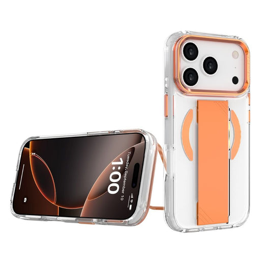 Infinyty Grypsta Clear iPhone Case with Orange Grip and Metallic Camera Stand for iPhone 17 Pro
