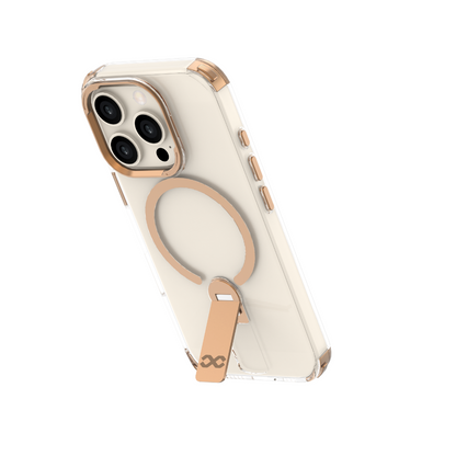 Infinyty Aurum Transparent Case with Gold Metal Camera Ring & Stand for iPhone 16 Pro Max, Desert Titanium