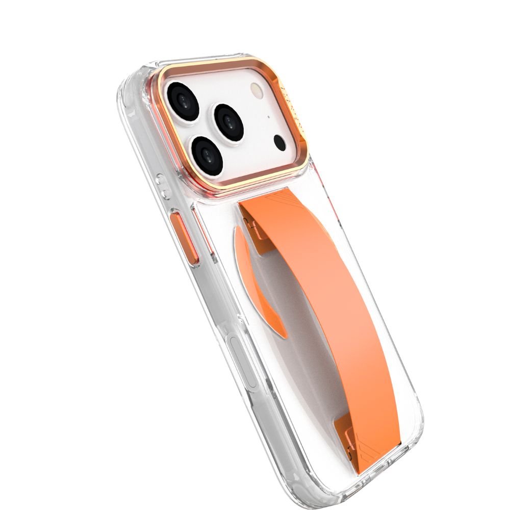 Infinyty Grypsta Clear iPhone Case with Orange Grip and Metallic Camera Stand for iPhone 17 Pro