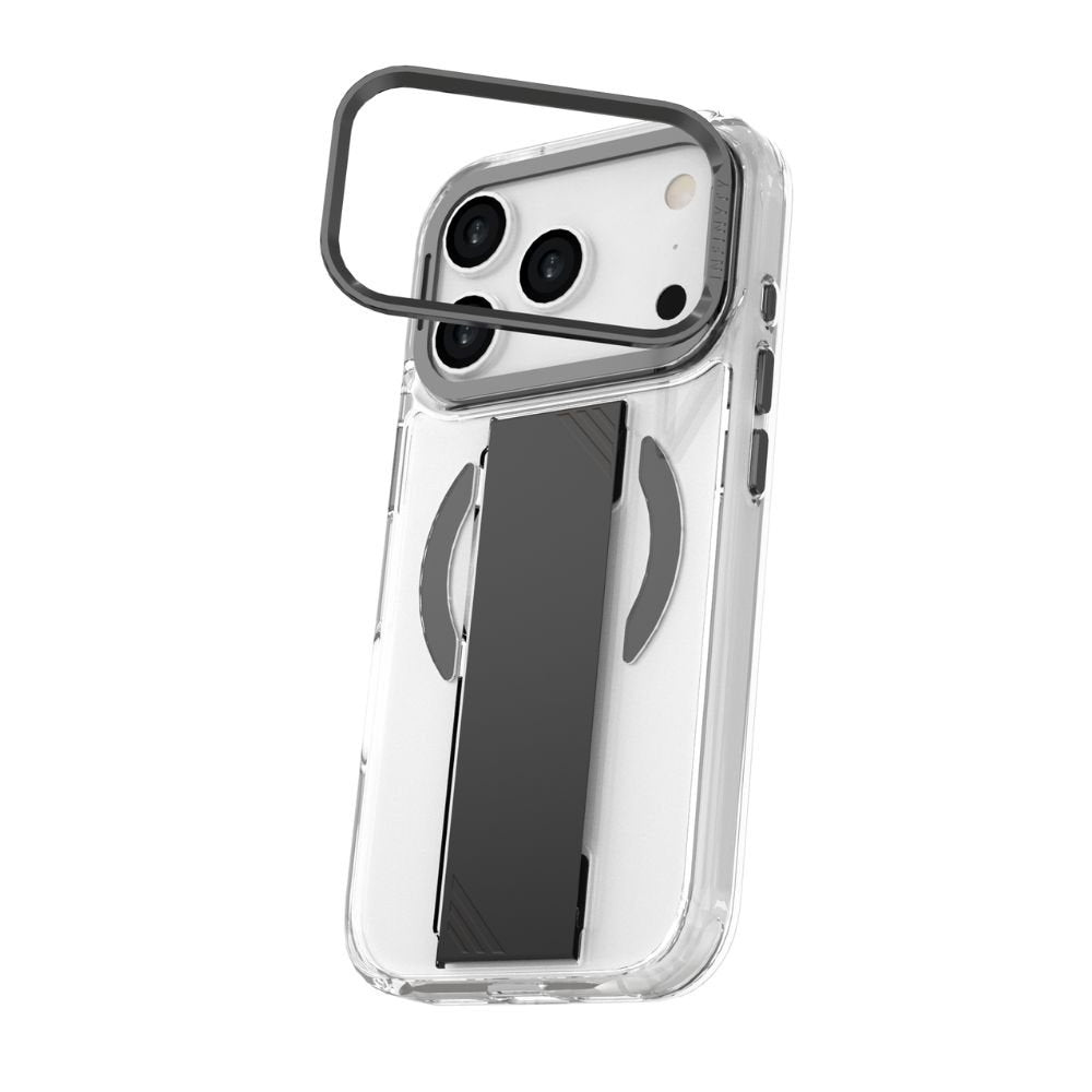 Infinyty Grypsta Clear iPhone Case with Black Grip and Metallic Camera Stand for iPhone 17 Pro