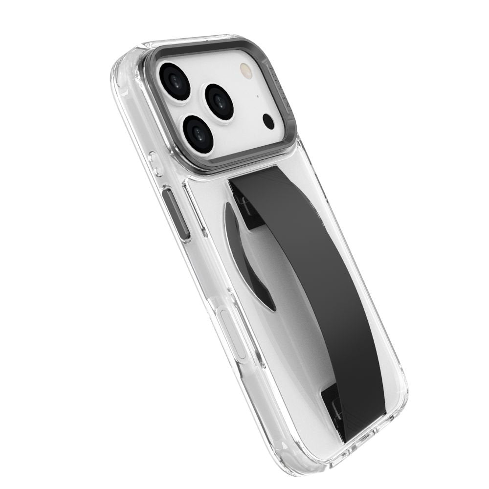 Infinyty Grypsta Clear iPhone Case with Black Grip and Metallic Camera Stand for iPhone 17 Pro Max