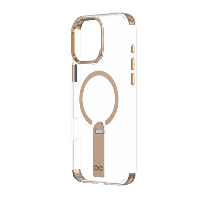 Infinyty Aurum Transparent Case with Gold Metal Camera Ring & Stand for iPhone 16 Pro Max, Desert Titanium
