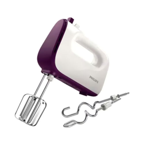 PHILIPS HR3740/11 Viva Collection Hand Mixer -White/Deep Purple, 400W, Stainless Steel Hooks, 5 speeds + turbo, Double Balloon Beater + Kneading tool - International Version