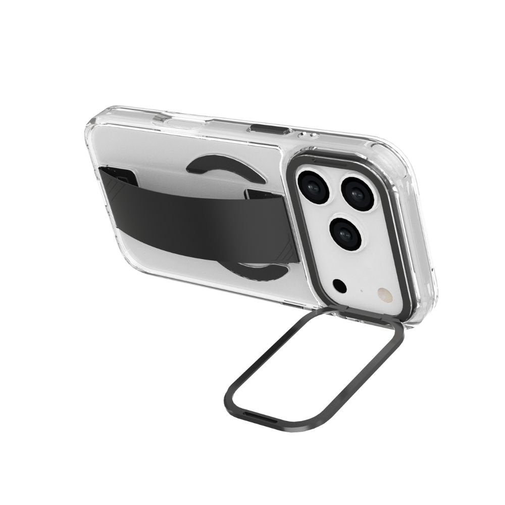 Infinyty Grypsta Clear iPhone Case with Black Grip and Metallic Camera Stand for iPhone 17 Pro