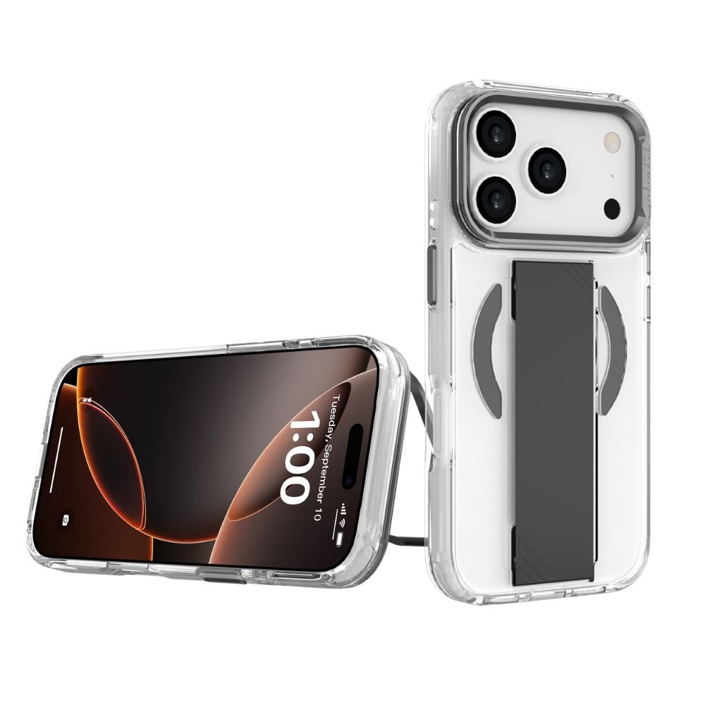 Infinyty Grypsta Clear iPhone Case with Black Grip and Metallic Camera Stand for iPhone 17 Pro Max