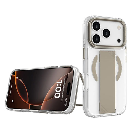 Infinyty Grypsta Clear iPhone Case with Natural Titanium Grip and Metallic Camera Stand for iPhone 17 Pro Max