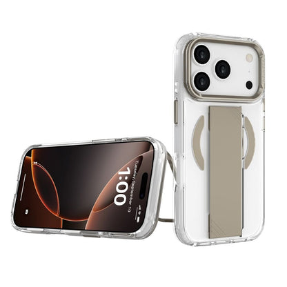 Infinyty Grypsta Clear iPhone Case with Natural Titanium Grip and Metallic Camera Stand for iPhone 17 Pro