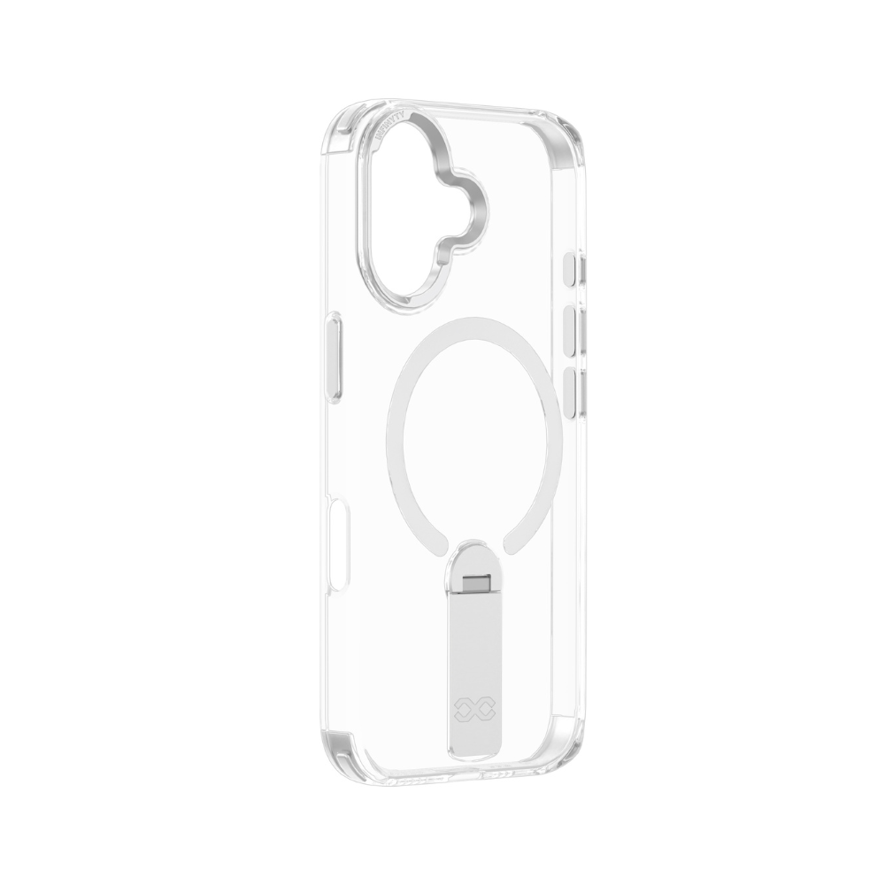 Infinyty Stanzo Transparent Case with Silver Metal Camera Ring & Stand for iPhone 16 Plus