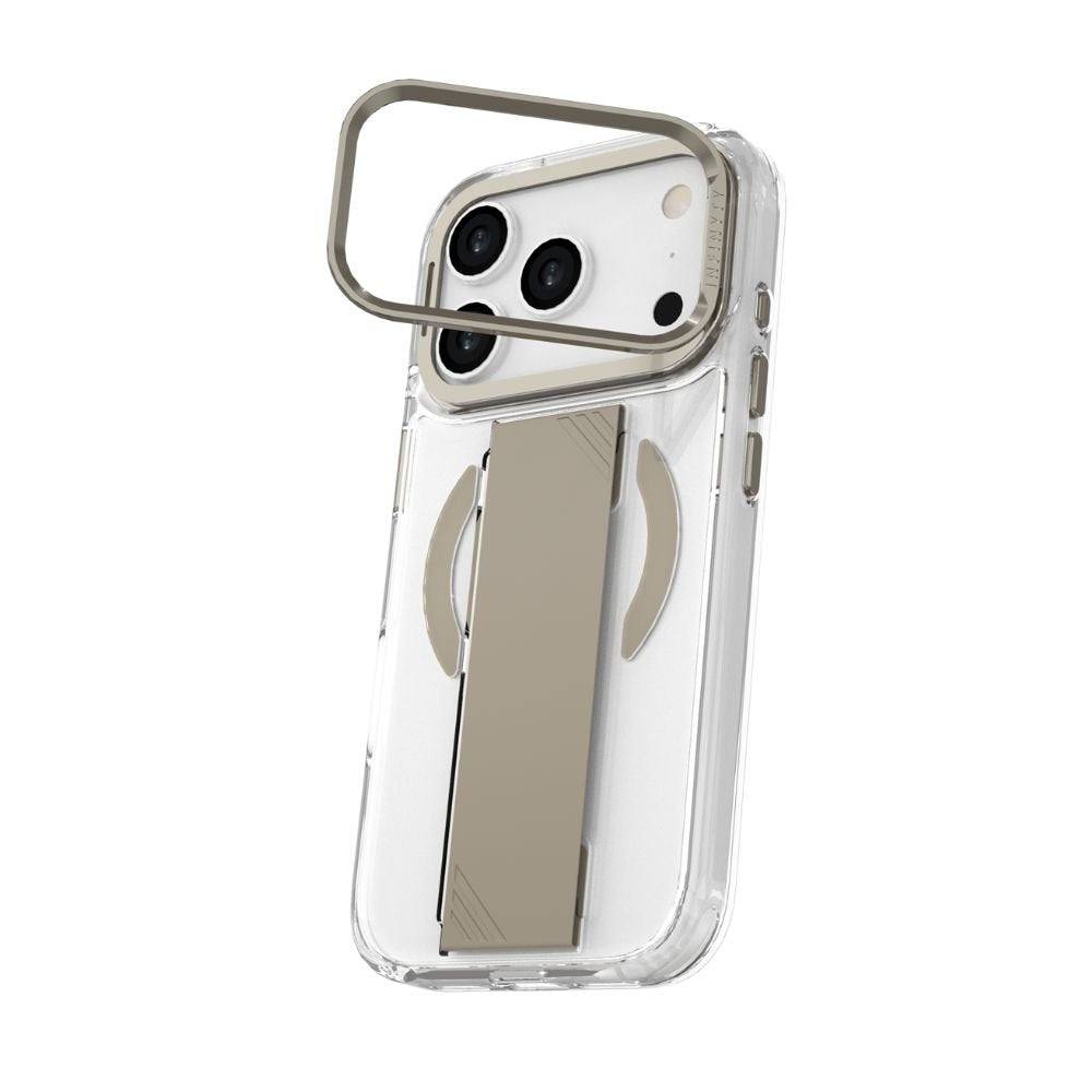 Infinyty Grypsta Clear iPhone Case with Natural Titanium Grip and Metallic Camera Stand for iPhone 17 Pro