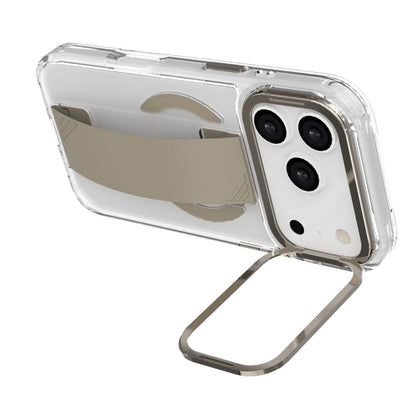 Infinyty Grypsta Clear iPhone Case with Natural Titanium Grip and Metallic Camera Stand for iPhone 17 Pro Max