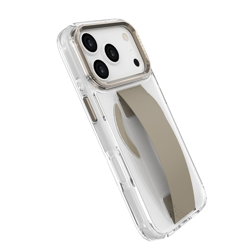 Infinyty Grypsta Clear iPhone Case with Natural Titanium Grip and Metallic Camera Stand for iPhone 17 Pro