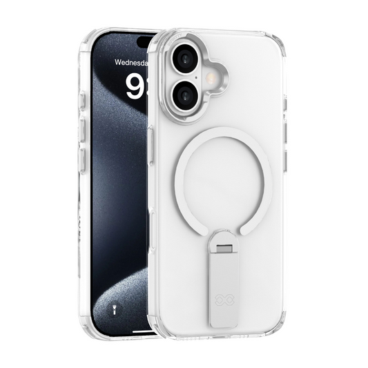 Infinyty Stanzo Transparent Case with Silver Metal Camera Ring & Stand for iPhone 16 Plus