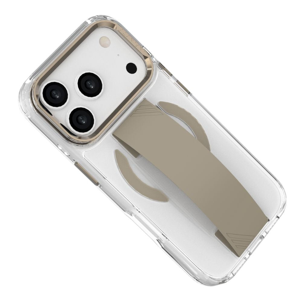 Infinyty Grypsta Clear iPhone Case with Natural Titanium Grip and Metallic Camera Stand for iPhone 17 Pro Max