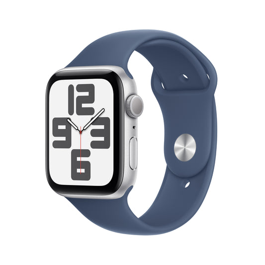 Pre-booking Apple Watch SE GPS 44mm Silver Aluminium Case with Denim Sport Band - M/L, MXER3QA/A, Delivery from 20th Sep'24 onwards