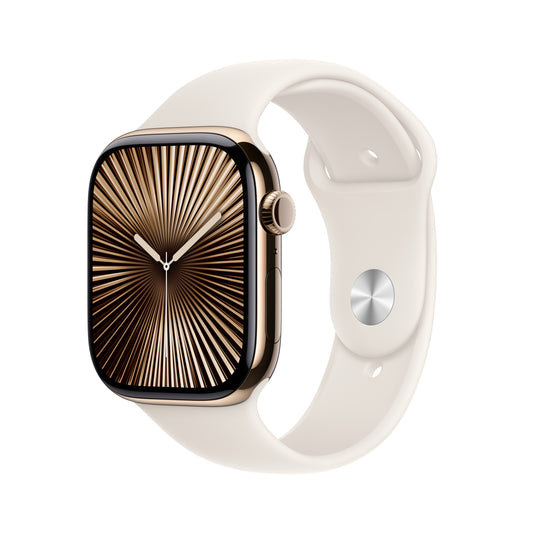 Pre-booking Apple Watch Series 10 GPS + Cellular 46mm Gold Titanium Case with Starlight Sport Band - S/M, MWYX3QA/A, Delivery from 20th Sep'24 onwards