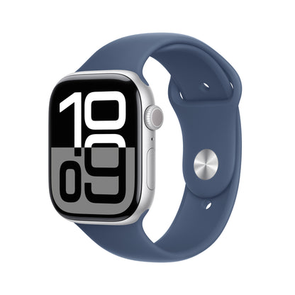 Apple Watch Series 10 GPS + Cellular 46mm Silver Aluminium Case with Denim Sport Band - S/M, MWY03QA/A
