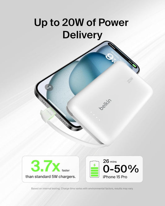 Belkin 10000mAh Power Bank PD 20W with Built-in USB-C Cable – White