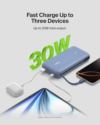 Belkin 20000mAh Power Bank PD 30W with Built-in USB-C Cable – Blue