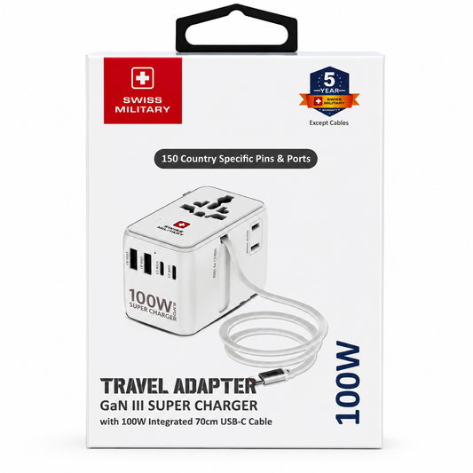 Swiss Military 100W GaN Universal Travel Adapter with Built-in Cable – White