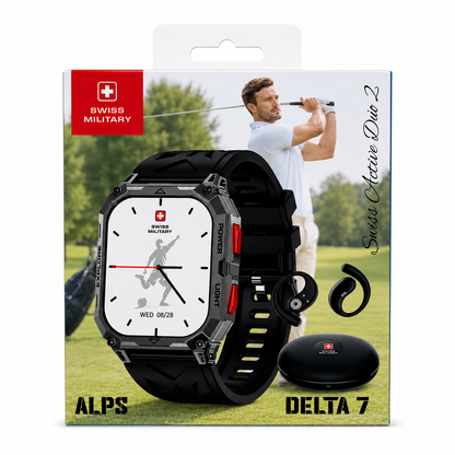 Swiss Military ALPS Delta 7 Smartwatch with Wireless Earbuds & Charging Case – Black/Red