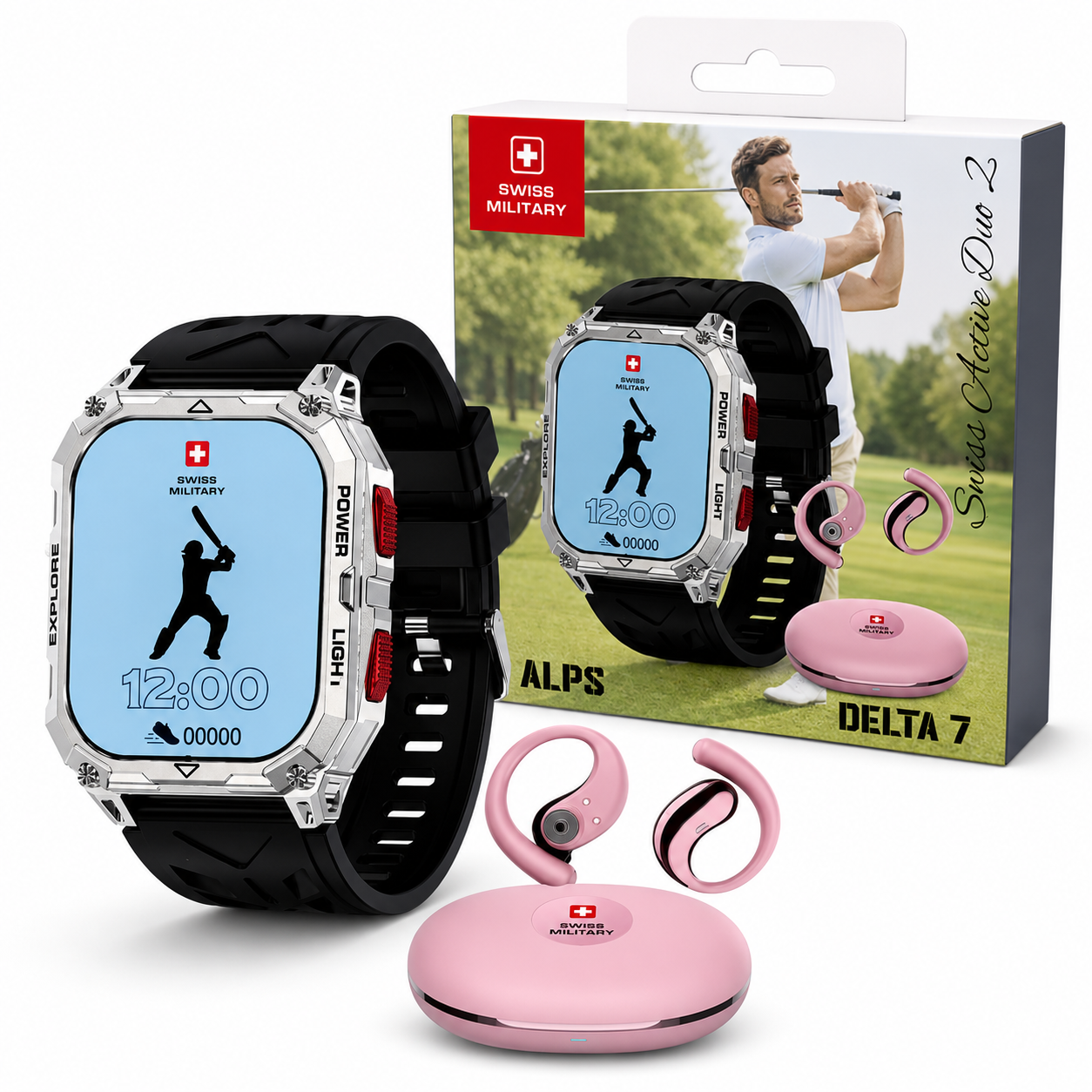 Swiss Military ALPS Delta 7 Smartwatch with Wireless Earbuds & Charging Case – Black/Pink