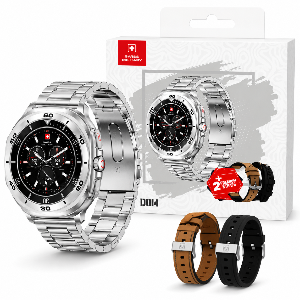 Swiss Military DOM 7 AMOLED Smartwatch with 2 Premium Straps – Silver/Brown/Black
