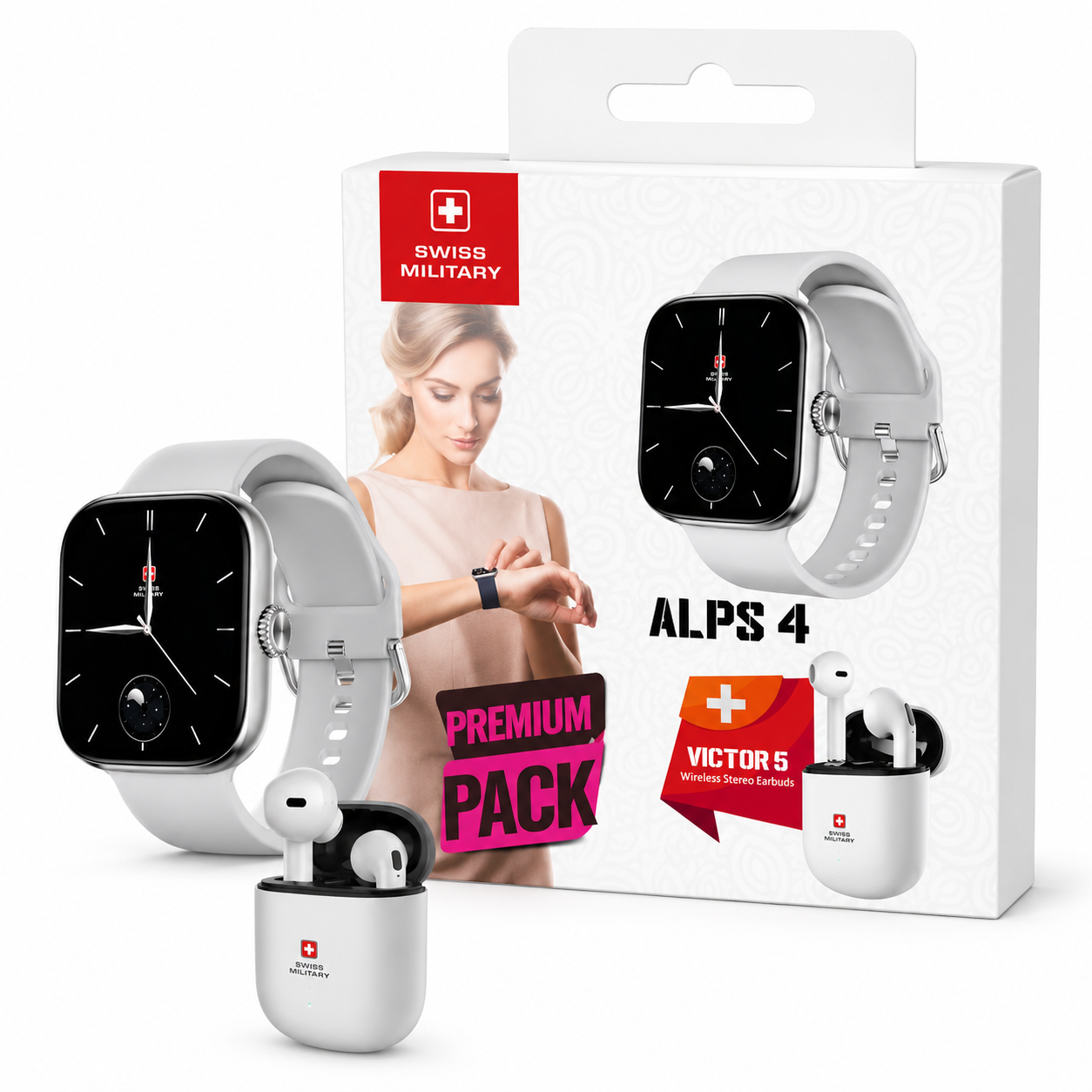 Swiss Military ALPS 4 Smartwatch Premium Pack with Victor 5 Wireless Earbuds – White