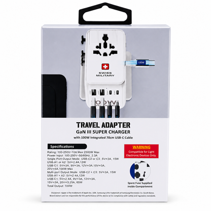 Swiss Military 100W GaN Universal Travel Adapter with Built-in Cable – White