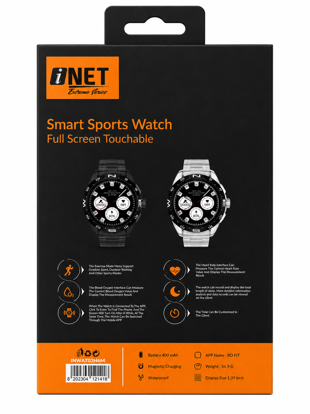 iNet Smart Sports Watch Full Screen Touchable with Magnetic Charging