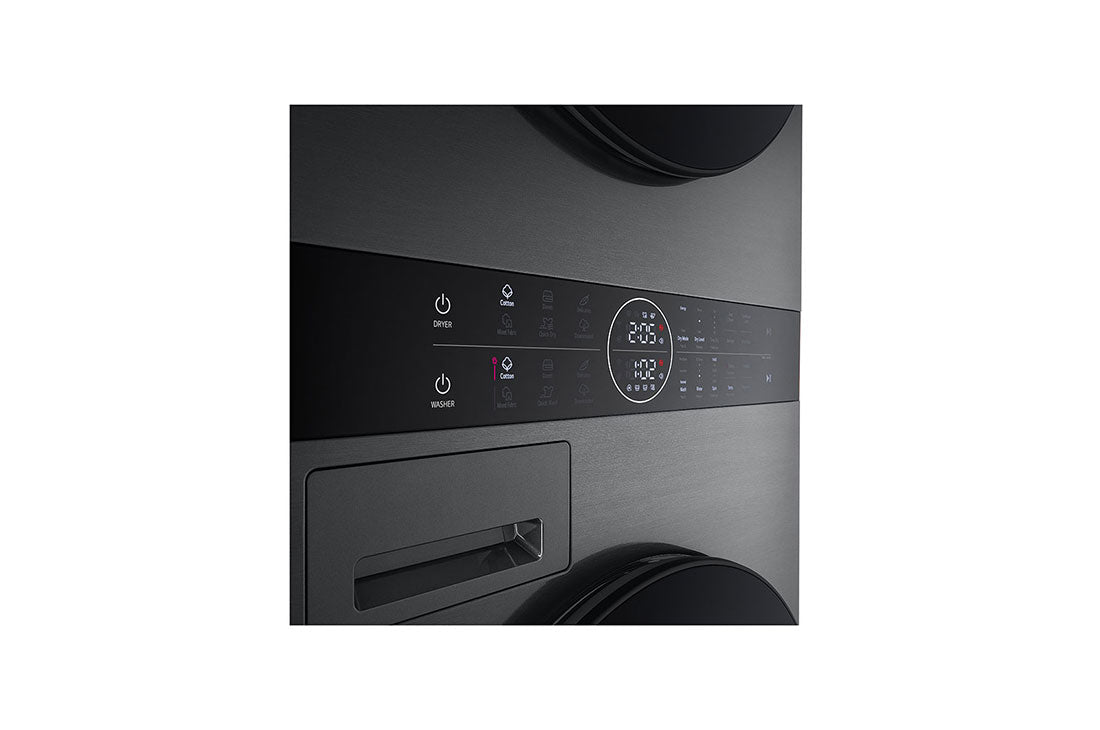 LG Washer Tower, 12/10 Kg, 1400 RPM , STEAM /DRY READY, HEAT PUMP WITH DUAL INVERTER , AI DD / Smart Pairing, SmartThinQ(WiFi), Full STS Drum,  (W x D x H) : 600 x 660 x 1655, Motor 10year Warranty, Black Steel, W4W8BVPKZHM