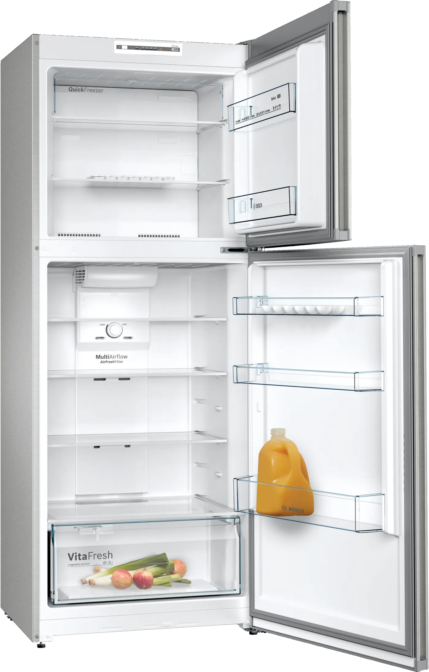 BOSCH Series 2 Free-Standing Refrigerator 365 Liter with Freezer at Top, Inox-Look-Metallic, KDN43N120M