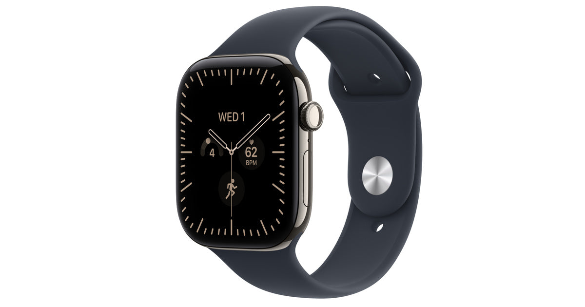 Apple Watch Series 12 GPS + Cellular 42mm – Natural Titanium Case with Navy Blue Sport Band (S/M) – S11 Chip, Sapphire Crystal, ECG, 24-Hour Battery