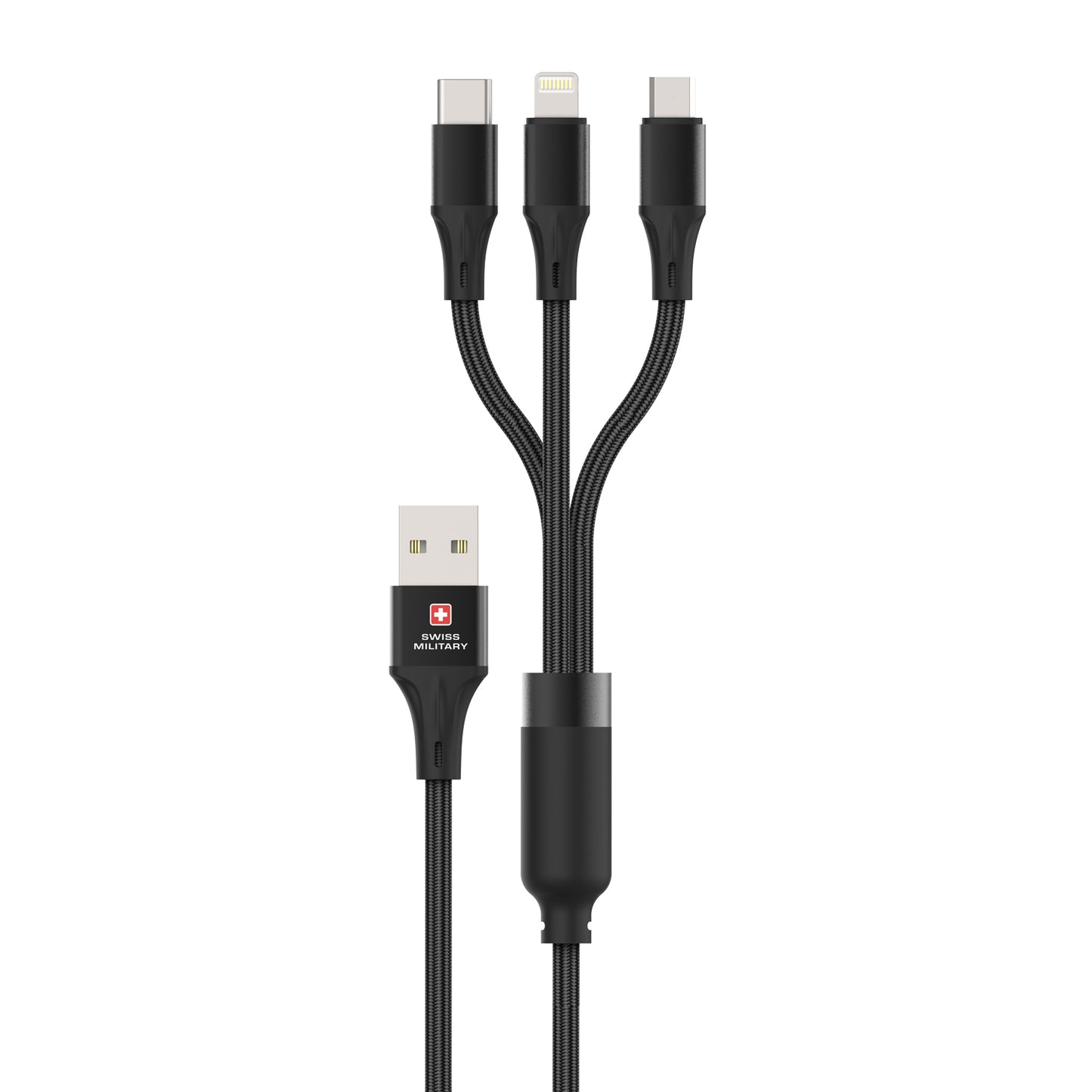 Swiss Military 3-in-1 Fast Charging Cable Dual USB-C & Lightning Braided 1M Black