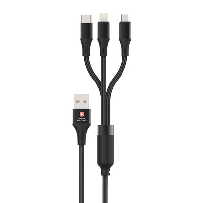 Swiss Military 3-in-1 Fast Charging Cable Dual USB-C & Lightning Braided 1M Black