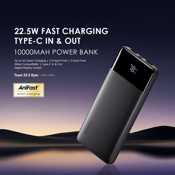 Oraimo  Toast 22.5  Type-C (IN/OUT) Power Bank, PD&QC 3.0 Compatible, 22.5W, 10,000mAh, Black, OPB-7100Q