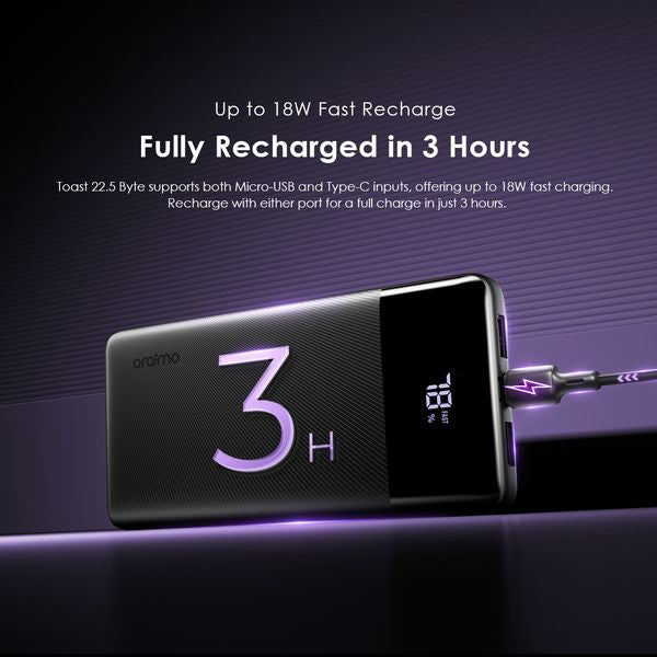 Oraimo  Toast 22.5  Type-C (IN/OUT) Power Bank, PD&QC 3.0 Compatible, 22.5W, 10,000mAh, Black, OPB-7100Q