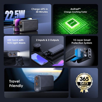 Oraimo  Traveler 22.5 LED Torch Power Bank, SOS Lighting Alarm, 22.5W, 20,000 mAh , Black, OPB-7204Q