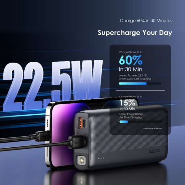 Oraimo  Traveler 22.5 LED Torch Power Bank, SOS Lighting Alarm, 22.5W, 20,000 mAh , Black, OPB-7204Q