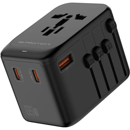PROTECT  Travel Essential Universal Adapter, 65W, Charging, USA EU UK AU, Type C Output, USB A Output, Black, PQ65
