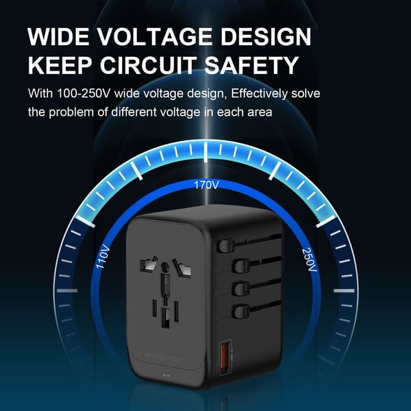 PROTECT  Travel Essential Universal Adapter, 65W, Charging, USA EU UK AU, Type C Output, USB A Output, Black, PQ65