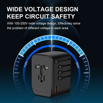 PROTECT  Travel Essential Universal Adapter, 65W, Charging, USA EU UK AU, Type C Output, USB A Output, Black, PQ65