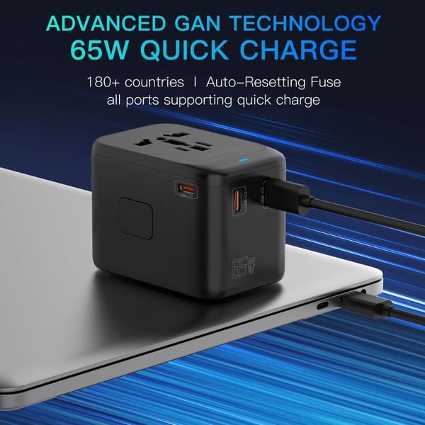 PROTECT  Travel Essential Universal Adapter, 65W, Charging, USA EU UK AU, Type C Output, USB A Output, Black, PQ65