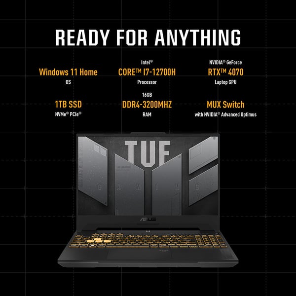 ASUS TUF FX507ZI4-LP036W Gaming Laptop, Intel 12th Gen i7-12700H, 16GB RAM, 1TB SSD, RTX 4070 8GB, 15.6 Full HD, Windows 11 Home, Mecha Gray