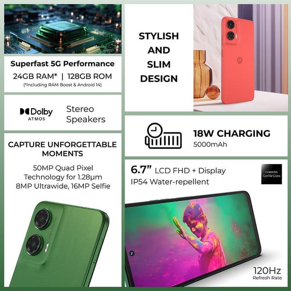 Motorola  G35 5G Smartphone, 8GB, 128GB, 50MP+8MP Camera, Android 14, Leaf Green